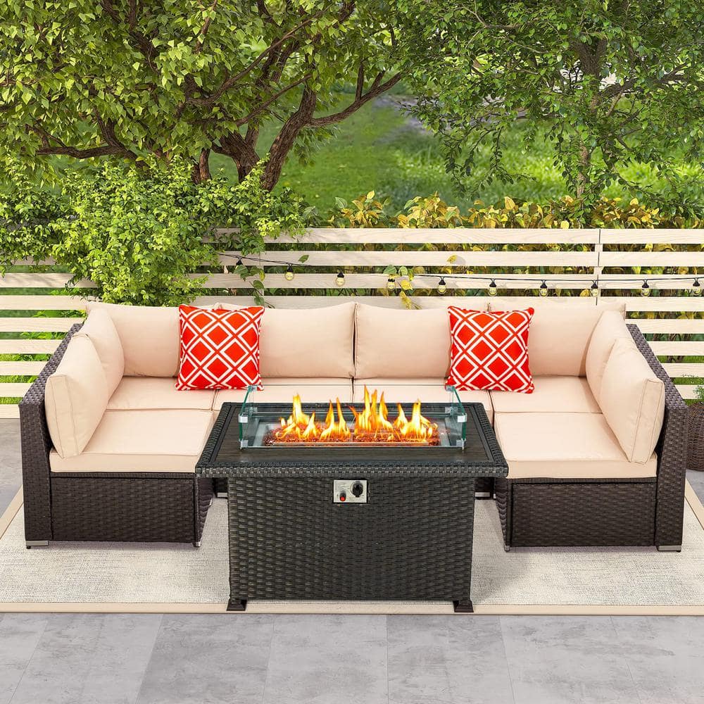 Zeus & Ruta 8Piece Wicker Patio Fire Pit Set with Beige Cushions
