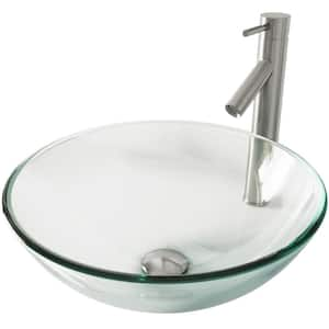 Crystalline Glass Round Vessel Bathroom Sink in Iridescent with Dior Faucet and Pop-Up Drain in Brushed Nickel