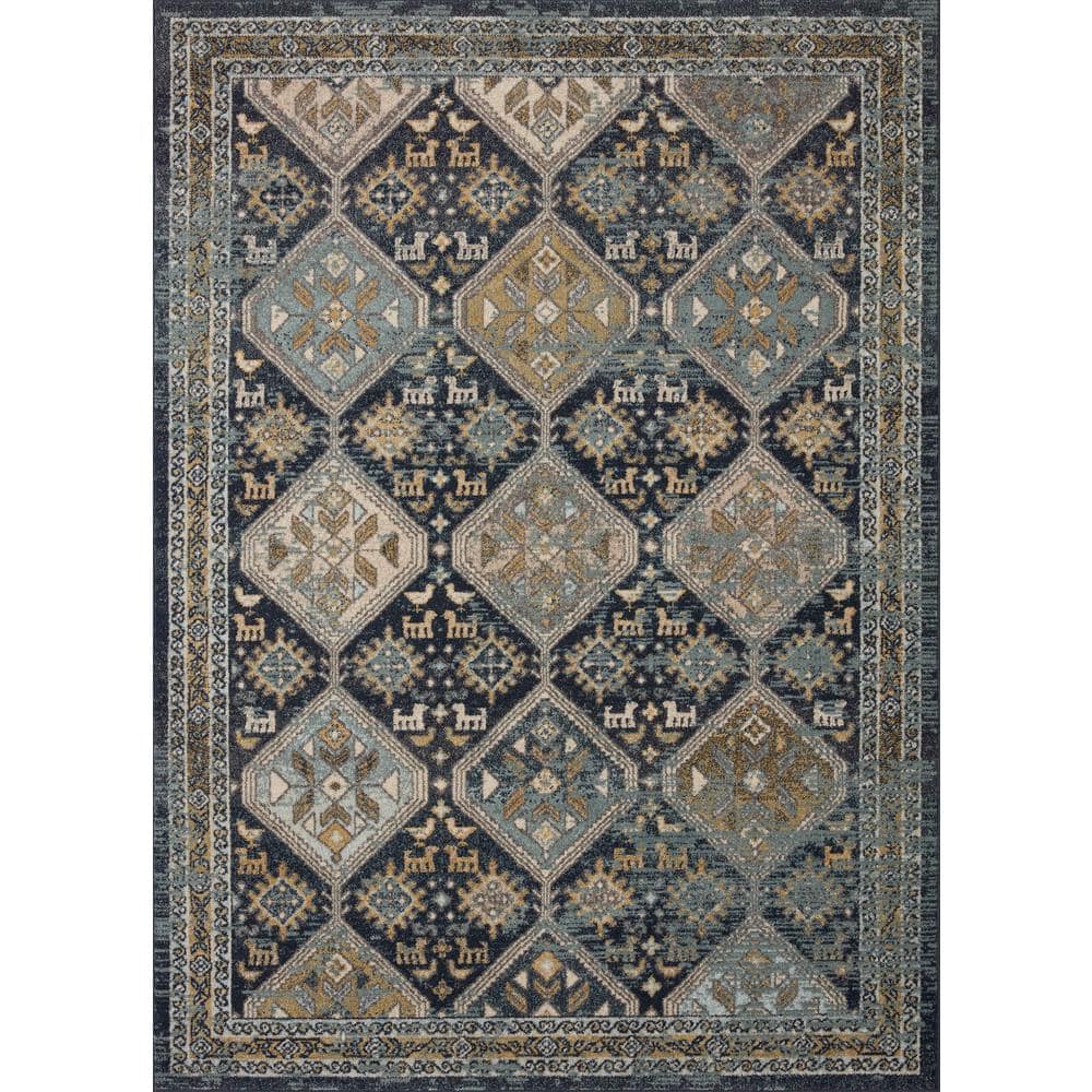 Reversible Rectangular Navy Blue Synthetic Area Rug 7'6" x 5'5"