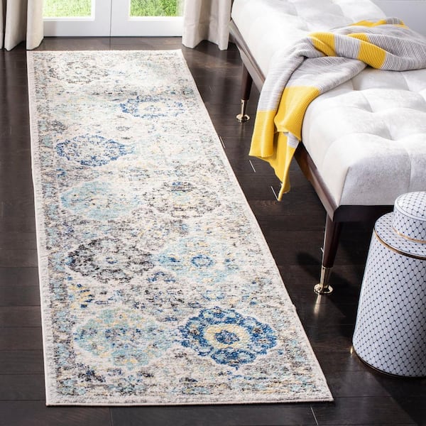 Madison Ivory/Aqua 2 ft. x 10 ft. Border Distressed Floral Runner Rug