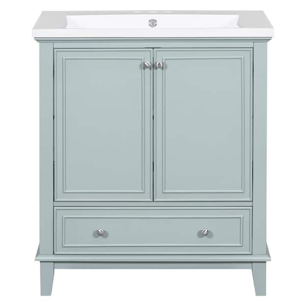 Virubi 30 in. W x 18 in. D x 34.8 in. H Bath Vanity in Gray Green with White Ceramic Top, Drawer and Adjustable Shelf