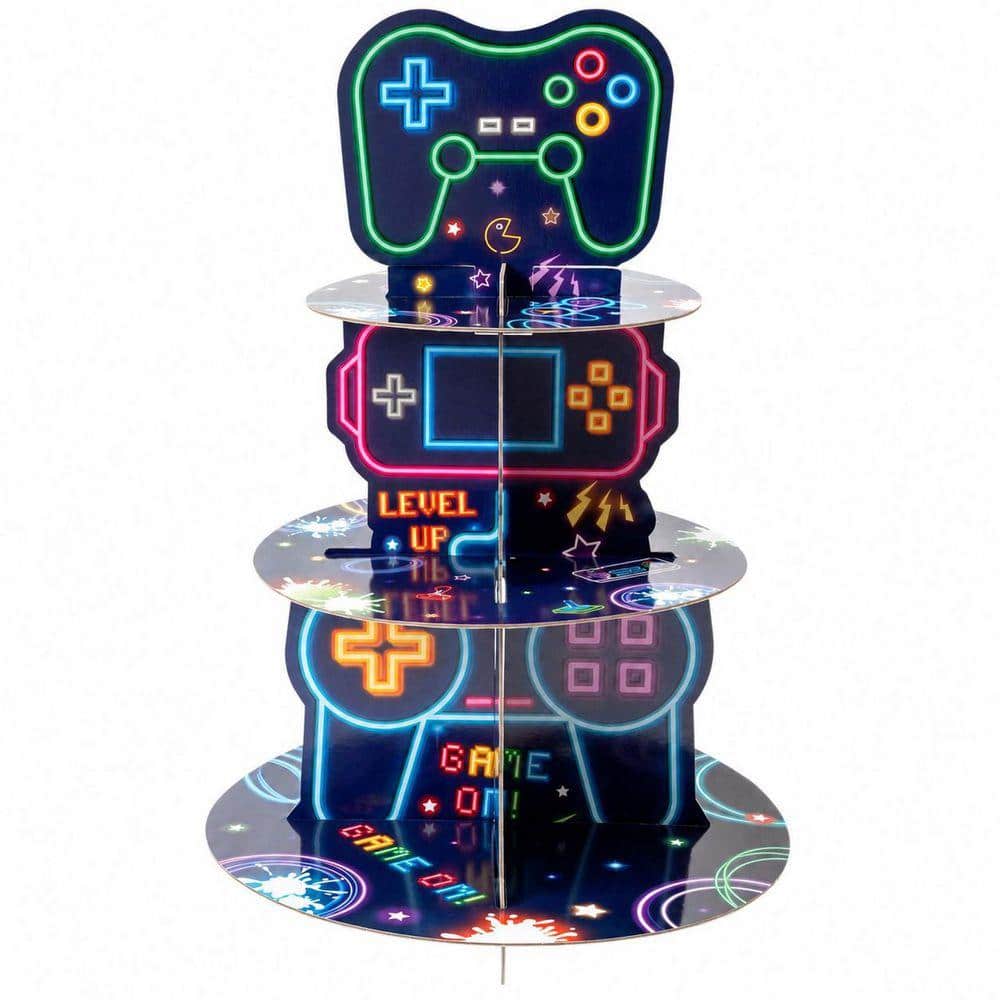 Blue 3-Tier Video Game Cake Stand Cardboard Dessert Holder for Birthday Parties and Sweet Treat Displays