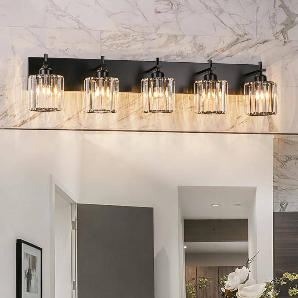 Orillia 35.4 in. 5-Light Black Bathroom Vanity Light with Crystal Shade Wall Sconce Over Mirror price history on PriceWatchPro