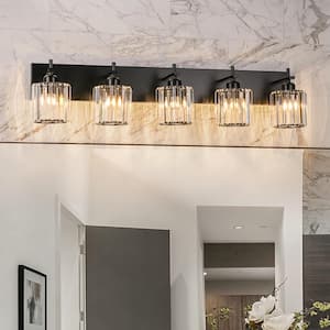 Orillia 35.4 in. 5-Light Black Bathroom Vanity Light with Crystal Shade Wall Sconce Over Mirror
