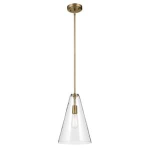 Everly 10.25 in. 1-Light Natural Brass Modern Shaded Cone Kitchen Hanging Pendant Light with Clear Glass