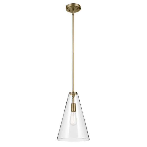 Everly 10.25 in. 1-Light Natural Brass Modern Shaded Cone Kitchen Hanging Pendant Light with Clear Glass