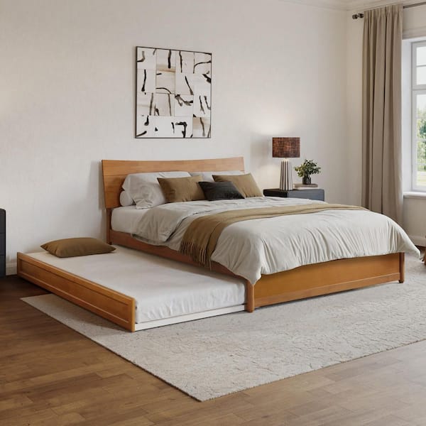 Harlowe Light Toffee Natural Bronze Wood Frame Queen Platform Bed with Twin XL Trundle