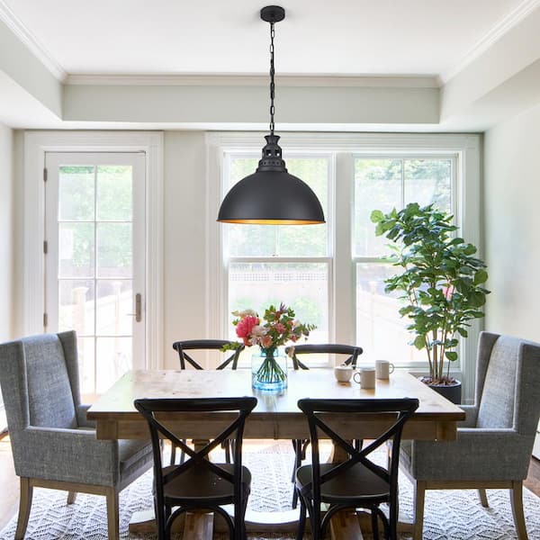 1-Light Black Dome Hanging Pendant Light Chandelier Lighting with Metal Cover for Kitchen Island