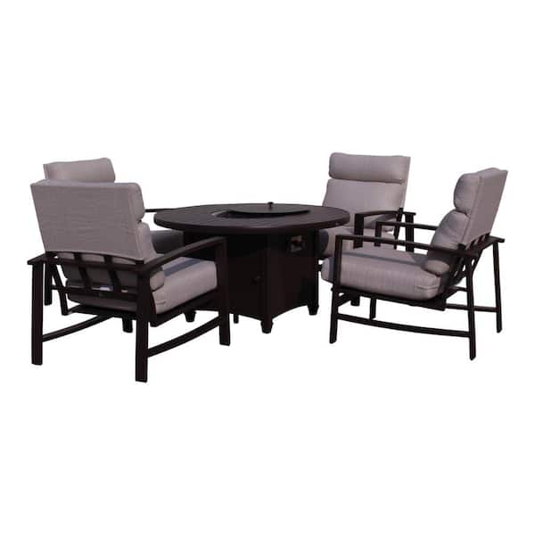 Courtyard Casual Madison 5-Piece Firepit Seating Group Includes: One 48 in. Round Firepit and 4 Club Chairs with Beige Cushions