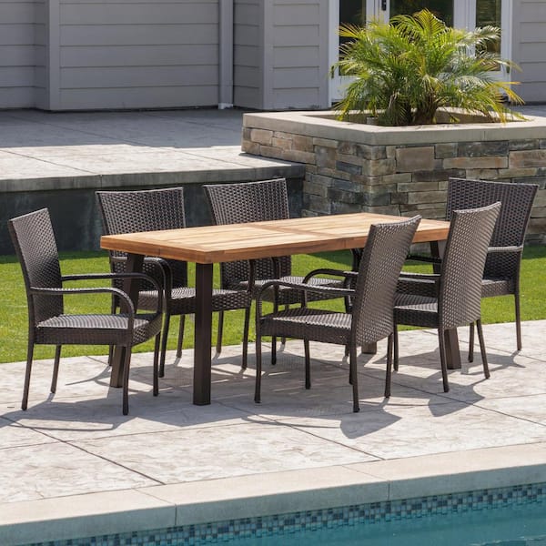 Noble House Malani 7 Piece Wood And Plastic Outdoor Dining Set With Stacking Chairs 41763 - Patio Furniture Set With Stackable Chairs