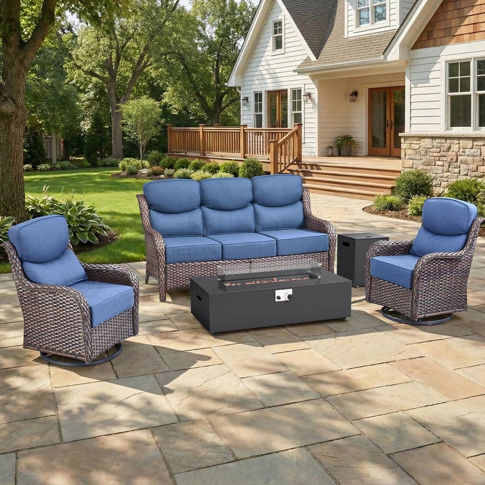 MoonLuxe Brown Wicker Fire Pit Conversation Set with Blue Olefin 6 in. Thick Cushions Patio Swivel Chairs (5-Piece) price history on PriceWatchPro