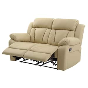 62 in. W 2 Seats Padded Flared Arm Faux Leather Rectangle Modern Handle Mechanism Reclining Loveseat in Beige