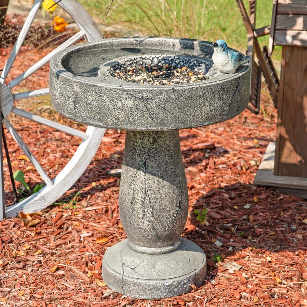 Gray Polyresin Bird Bath with Feeder Compartment, 27" Tall