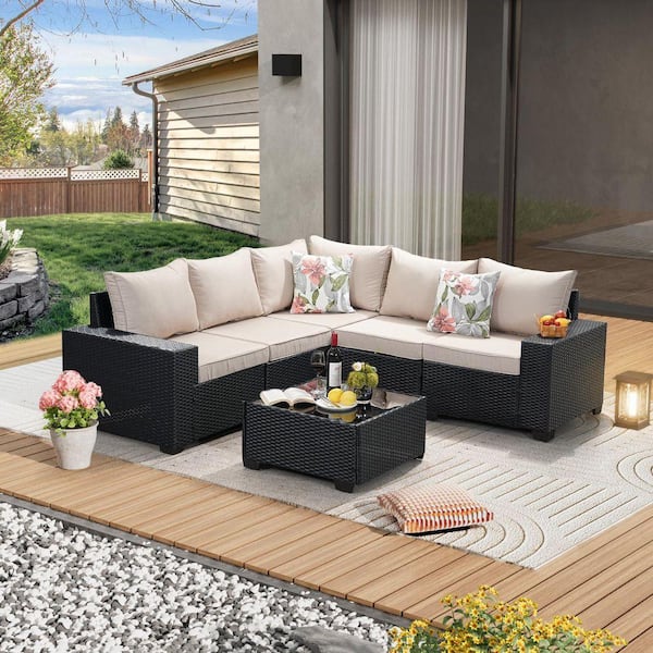 Patio Sectional Brown Wicker 6-Piece, Outdoor Sectional Set, with Cushion in Gray, Coffee Table