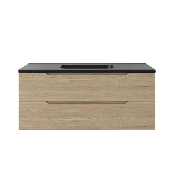 48 in. Wall-Mounted Evita Oak Bath Vanity with Black Quartz sand Top Assembled