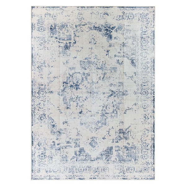 Traditional Vintage Distressed Washable Non Slip Blue 5 ft. x 7 ft. Area Rug