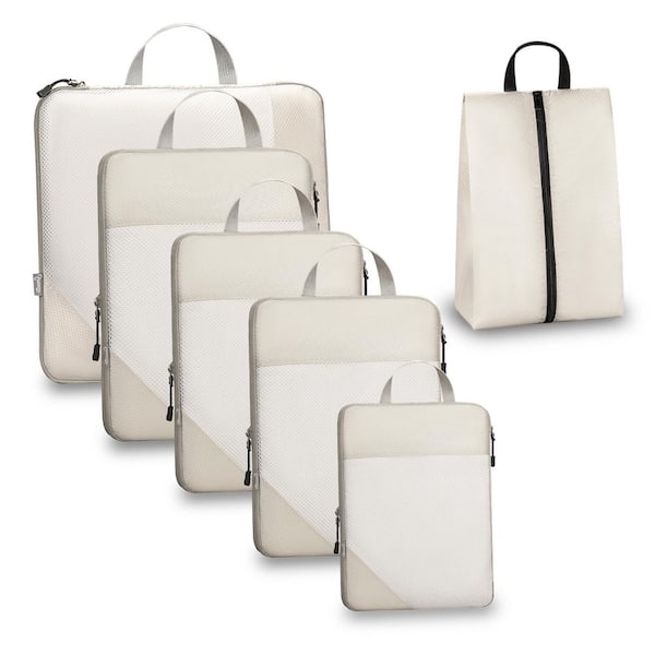 Compression Packing Cubes for Travel, (Set of 6) Expandable Luggage Organizers with White Mesh, Apricot