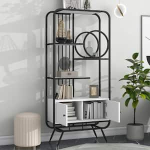 31 in.W Black 3 Shelves Home Office Bookcase with 2 Cabinets, Tall Bookshelf with Black Metal Frame for Living Room