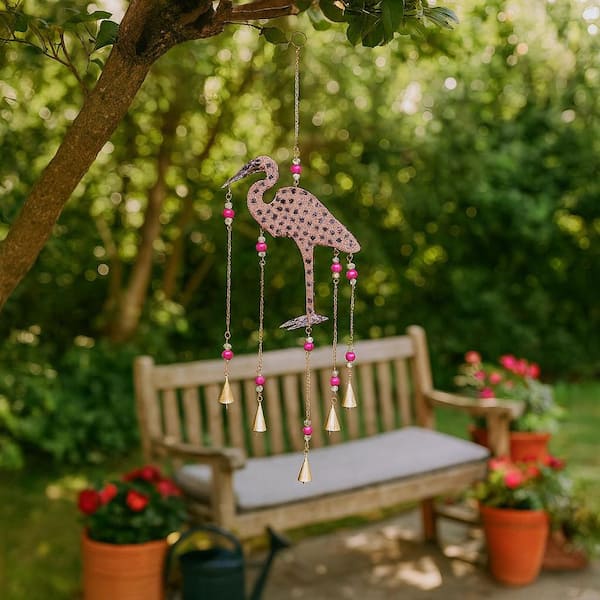 Liv & Skye 22 in. Pink Metal Glass Beaded Mosaic Flamingo Wind