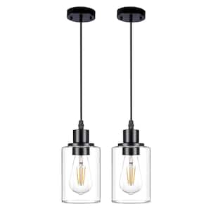 1-Light Matte Black Modern Chandelier with Clear Glass Shade(2-Pack)