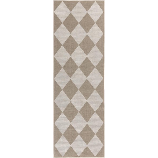 HomeRoots Natural and Ivory 2 ft. x 8 ft. Geometric Power Loom Washable Non Skid Runner Rug