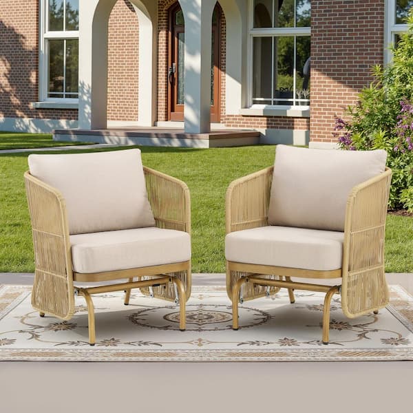2-Person Metal and Wicker Outdoor Glider with Beige Cushion