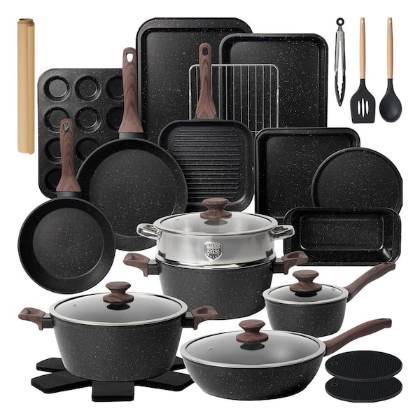 1.5 qt. 31-Piece Nonstick Aluminum Cookware and Bakeware Set with Grill Pan Saucepan Stock Pot in Gray