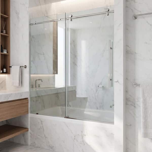 Elan E-Class 56 to 60 in. W x 66 in. H Sliding Frameless Tub Door in Stainless Steel with 3/8 in. (10mm) Clear Glass