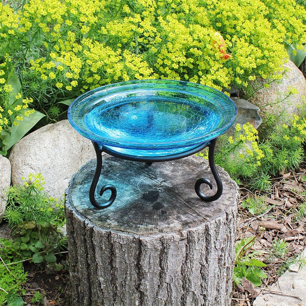 Teal Crackle Glass Birdbath Bowl with Wrought Iron Stand