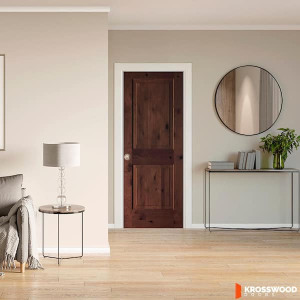 30 in. x 80 in. Rustic Knotty Alder 2-Panel Square Right-Hand Single BEHR Red Mahogany Stain Wood Prehung Interior Door