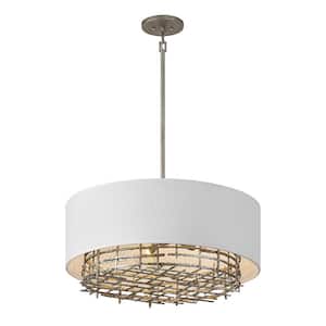 Cameo 28 in. W x 12.5 in. H 6-Light Champagne Luxe Modern Farmhouse Pendant with White Linen Shade