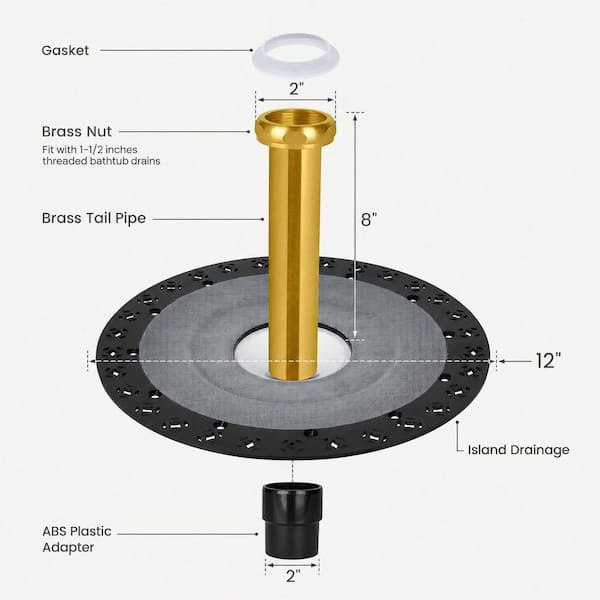 1-Piece Freestanding Bathtub Drain Rough-In Kit in Black, Tub Drain Accessory, Plastic Adapter, Brass Liner Included