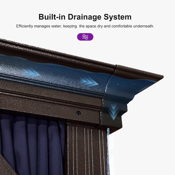 12 ft.x 24 ft.Bronze Patio Outdoor Gazebo for Backyard Hardtop Aluminum Frame with Hooks Netting Blue Curtain 48-Lights