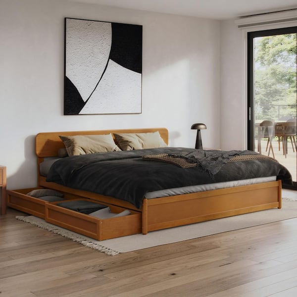 Capri Light Toffee Natural Bronze Solid Wood Frame King Platform Bed with Panel Footboard and Storage Drawers