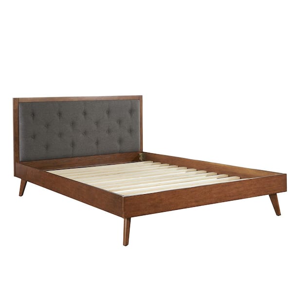 Linon Home Decor Ames Mid-Century Walnut Brown Wood Frame Queen Platform Bed with Gray Tufted Headboard