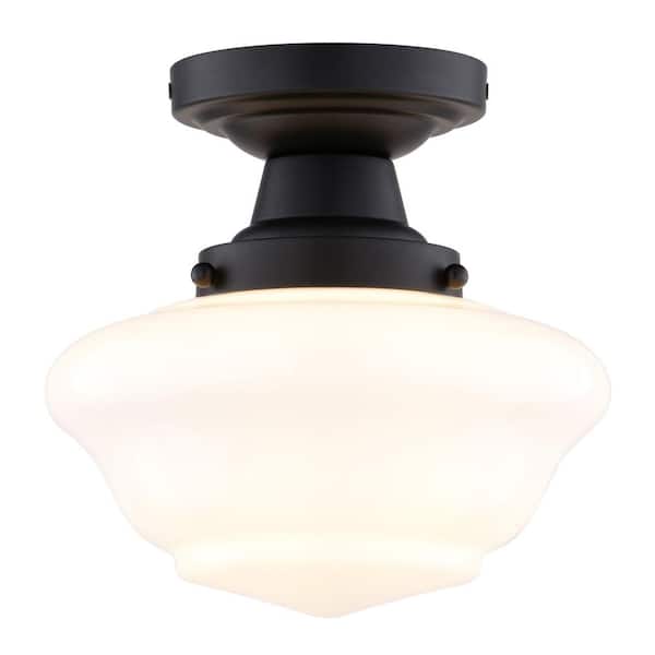 Eastgate 8.75 in. W Matte Black Traditional Semi Flush Mount Ceiling Light White Schoolhouse Glass