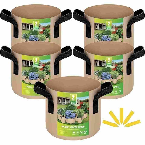 5-Pack 2 Gal. Thickened Heavy Duty Nonwoven Aeration Fabric Plant Grow Bags with Strap Handles in Tan