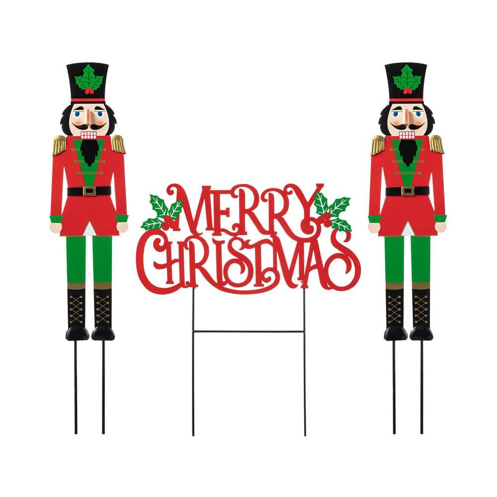 Glitzhome 32 in. H Metal Nutcracker Christmas Yard Decor MERRY