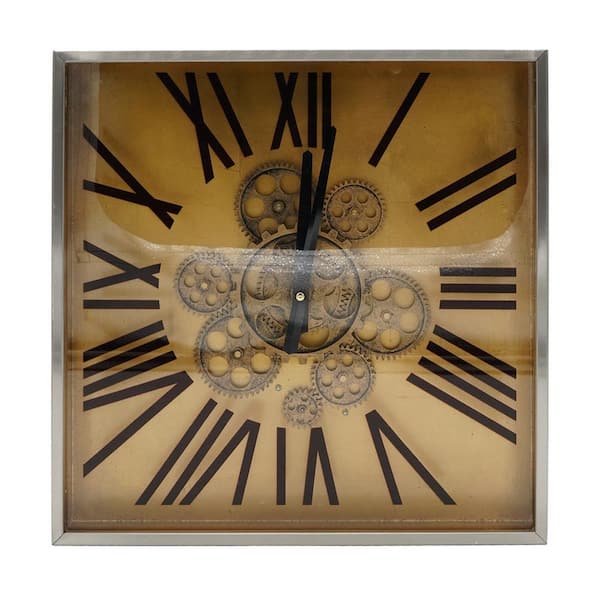 Benjara Gold and Black Plastic Analog Gear Design Wall Clock