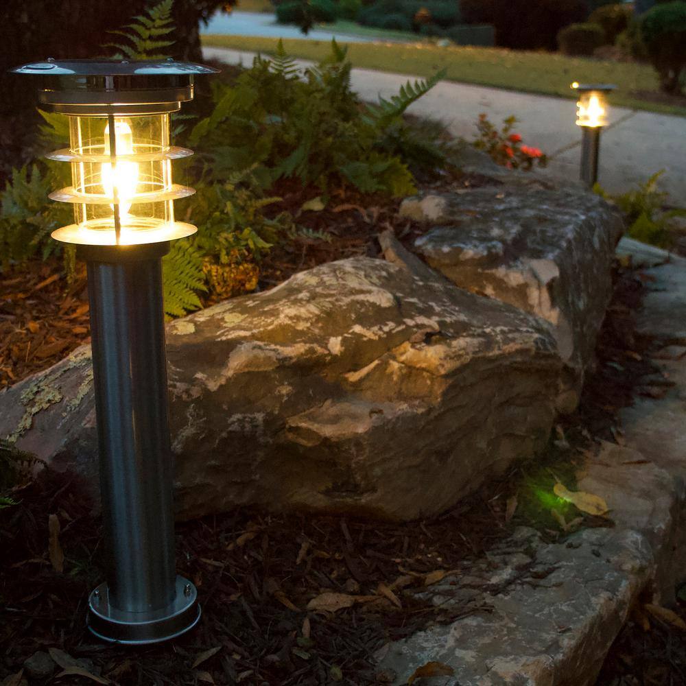 Stainless Steel Silver LED Solar Pathway Bollard Lights, Set of 2