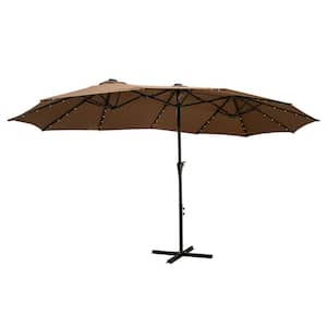 15 ft. Market Double Sided Crank Patio Umbrella with Solar LED Lighted in Coffee