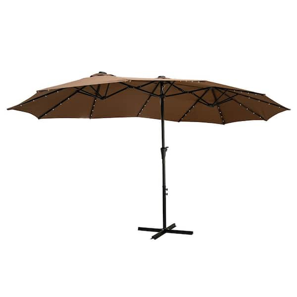 OVASTLKUY 15 ft. Market Double-Sided Crank Rectangle Patio Umbrella with Solar LED Lighted in Coffee