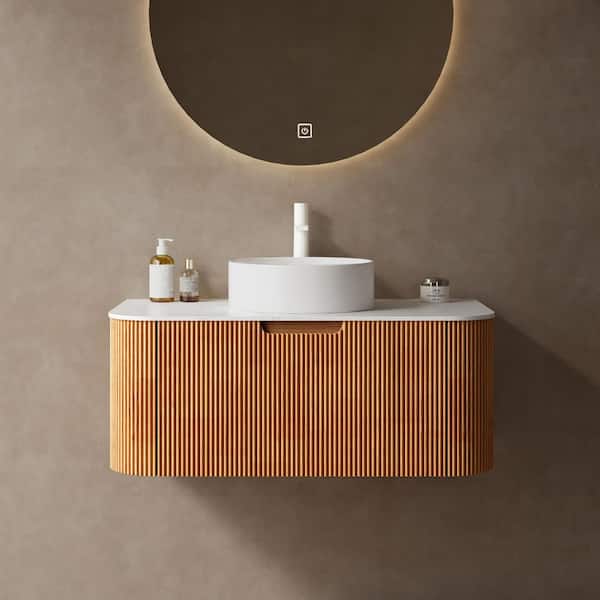 36 in. W x 19 in. D x 19 in. H Single Sink Wall-Mounted Bath Vanity in Natural Wood with White Engineered Marble Top