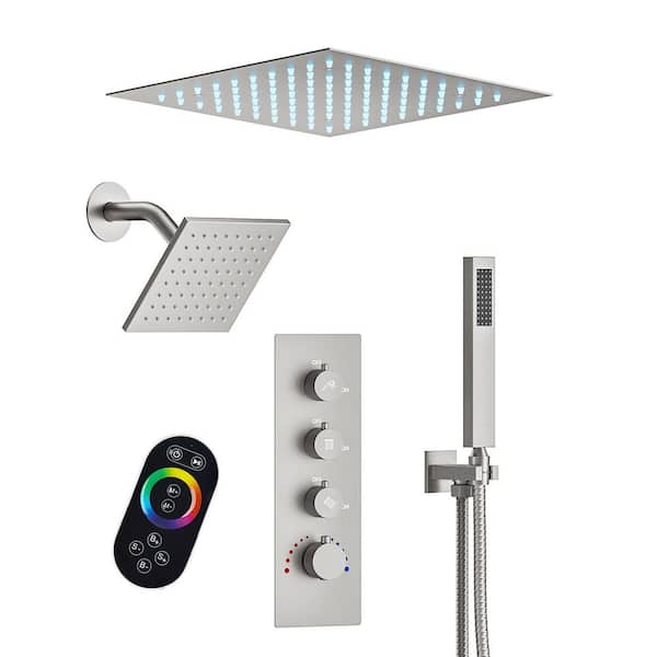 Thermostatic Valve LED Mood Lighting 7-Spray Ceiling Mount 12 and 6 in. Dual and Handheld Shower Head in Brushed Nickel