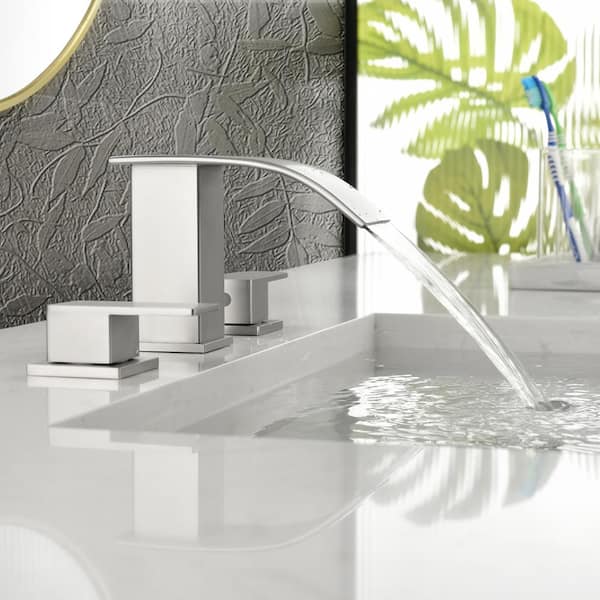 Double Handle 3-hole Bathroom Faucet with a Flat Spout and Pop Up Drain in Brushed Nickel