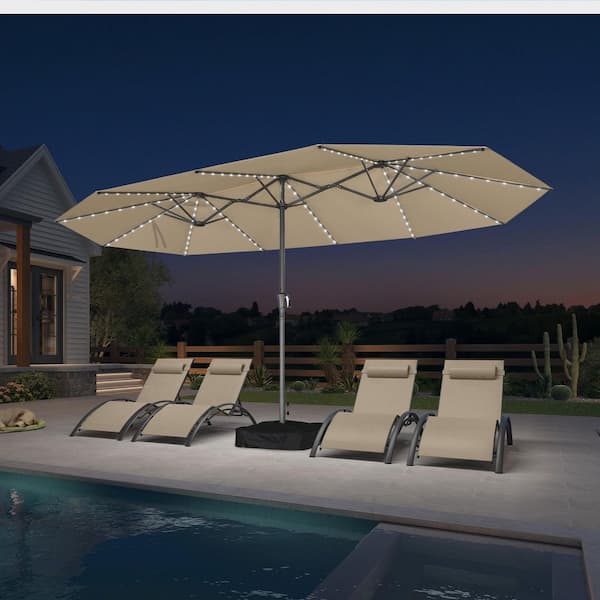 15 ft. Gray Aluminum Solar LED Lights Market Umbrella with Double-Sided Outdoor Patio Umbrellas with Base in Beige
