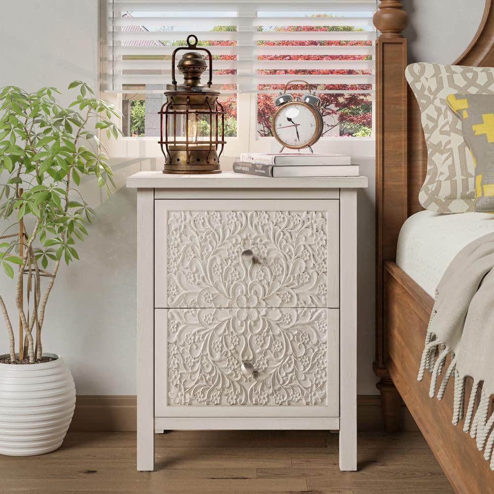 White-Washed Farmhouse 2-Drawer Nightstand with Floral Motif