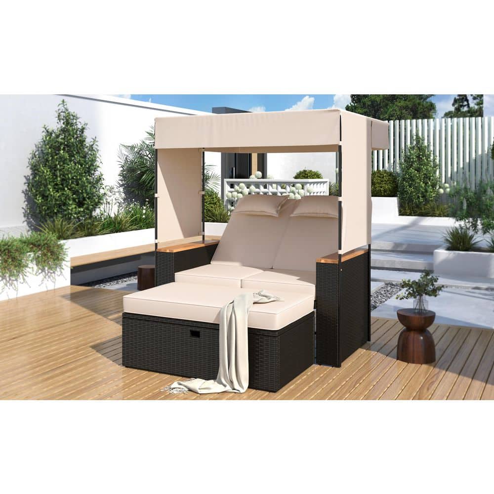 2-Piece Brown Wicker Rattan Outdoor Patio Day Bed, with Beige Cushions, 5 P