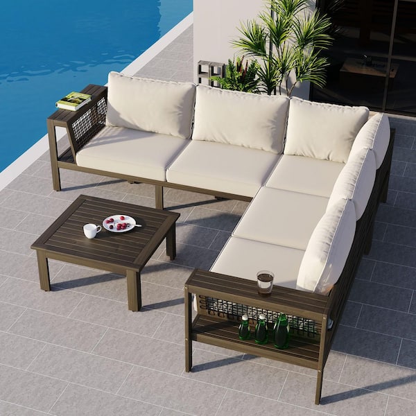 Runesay 4-Piece Outdoor Patio Acacia Wood Woven Mesh Side Table Armrests Sectional Sofa Set with Beige Cushion and Coffee Table