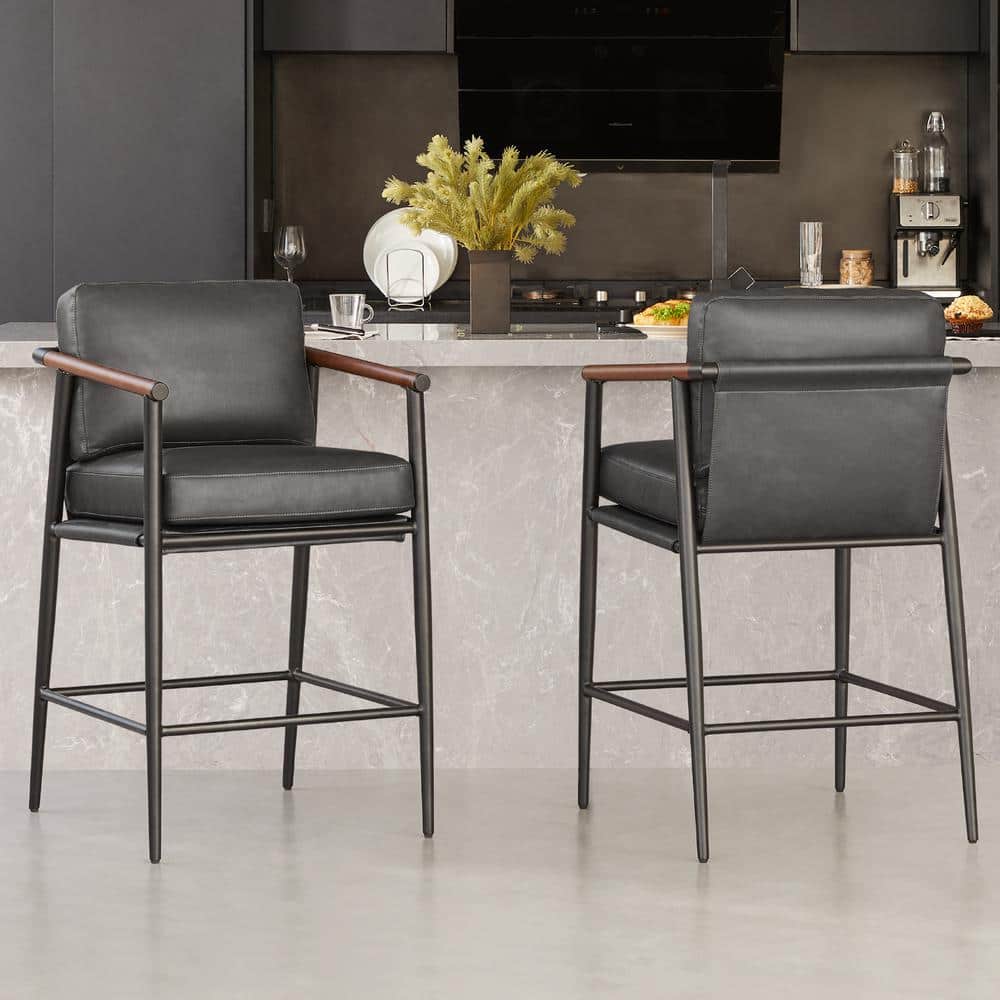 Spruce & Spring Zephyra Grey Upholstered Leather 27.2 in. H Counter Height Bar Stool with Metal ...